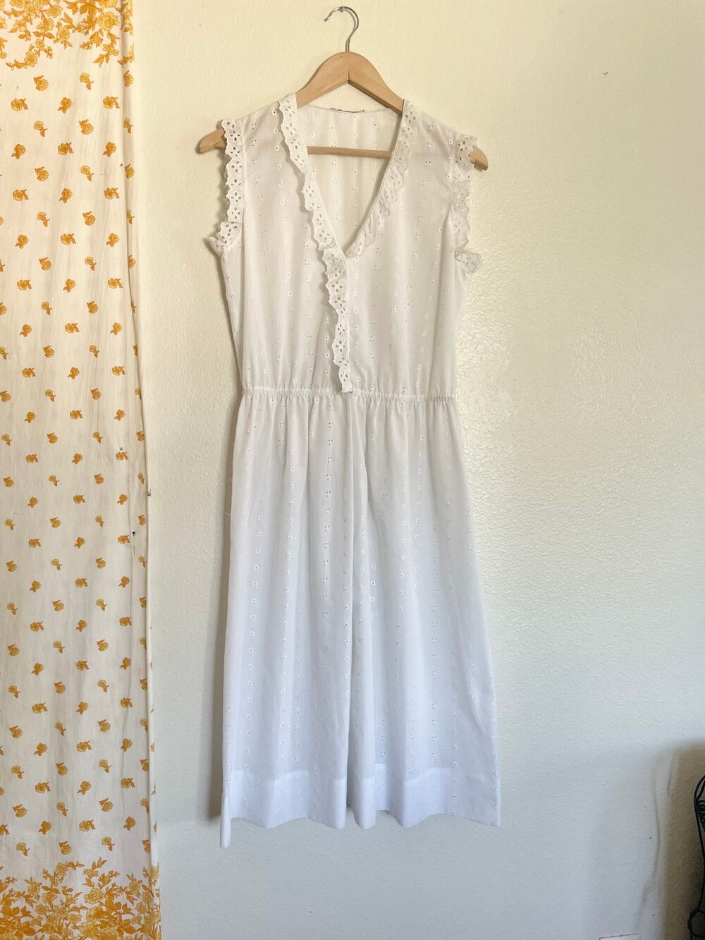 Vintage White Eyelet Slip Dress Cottagecore Prairie Boho Sheer Summer Midi Dress